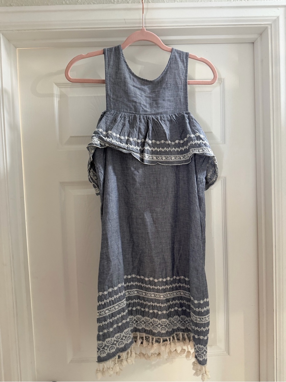 Cold shoulder chambray Embroidered Tassel Sundress